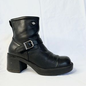 Vintage Harley Davidson Chunky Heel Platform Black Leather Side Zip Boots 6.5